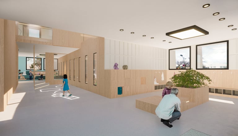 Entrée centre de loisirs zone accueil caisse assise - Réhabilitation Maison enfance