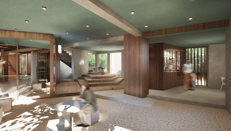 Terrasse couverte accès magasin café escalier aménagement - Concept store Quai Saône