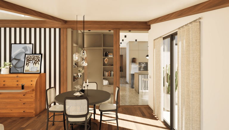 Salle à manger aménagement poutres apparentes décoration intérieure - Projet familial Lyon