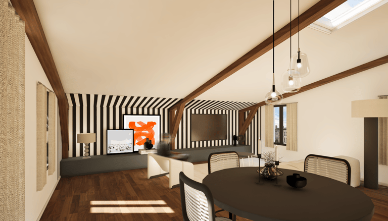 Salon-salle à manger rénové avec plafond pente architecture intérieure - Lyon