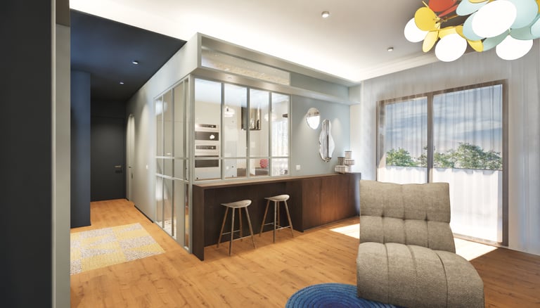 Séjour linéaire rangement bleu niche cheminée - Rénovation appartement Moulin