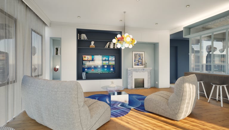 Salon rénovation T3 canapé rangements bleu aménagement intérieur - Projet Moulin Lyon
