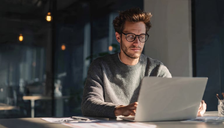 A focused professional man with glasses working on a laptop in a modern office.