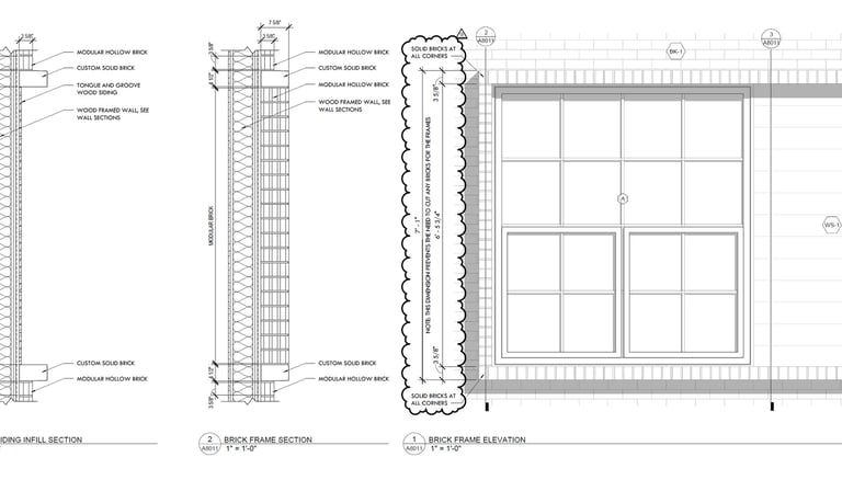 A construction detail drawing of a brick framed window