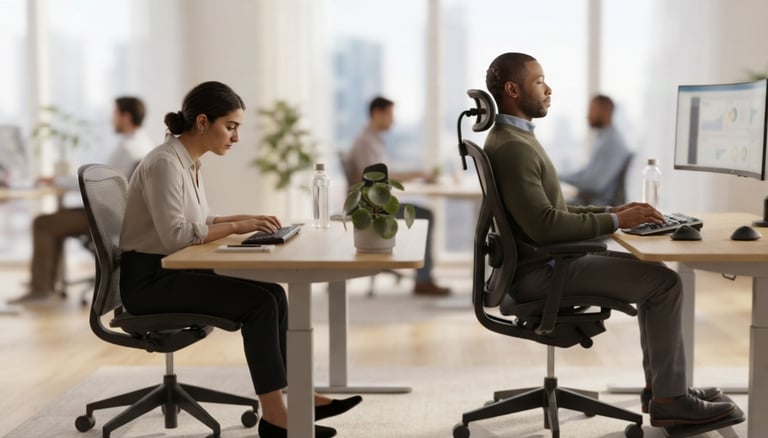 Examples of common desk posture mistakes and improved sitting habits in an office environment.