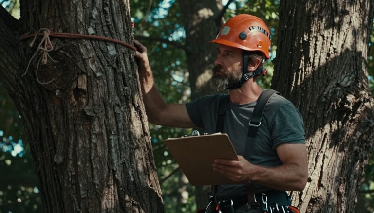 an arborist assessing the health of a tree to determine a risk assessment