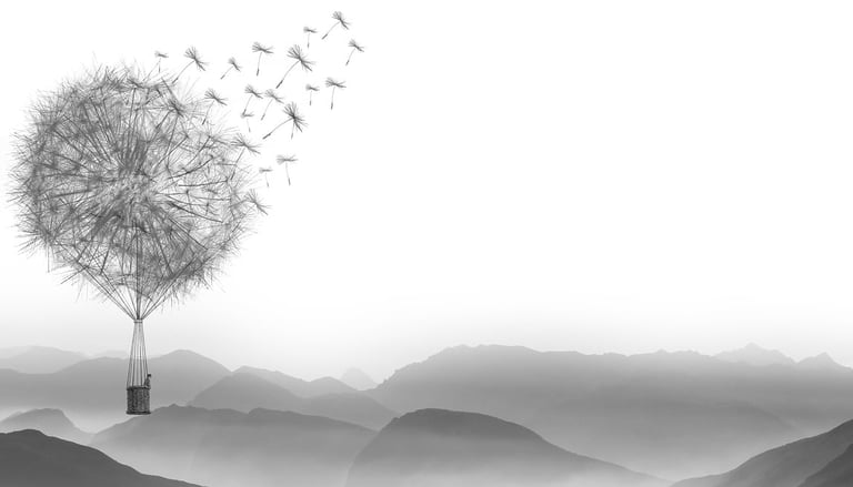 Dandelion hot air ballon over mountainscape