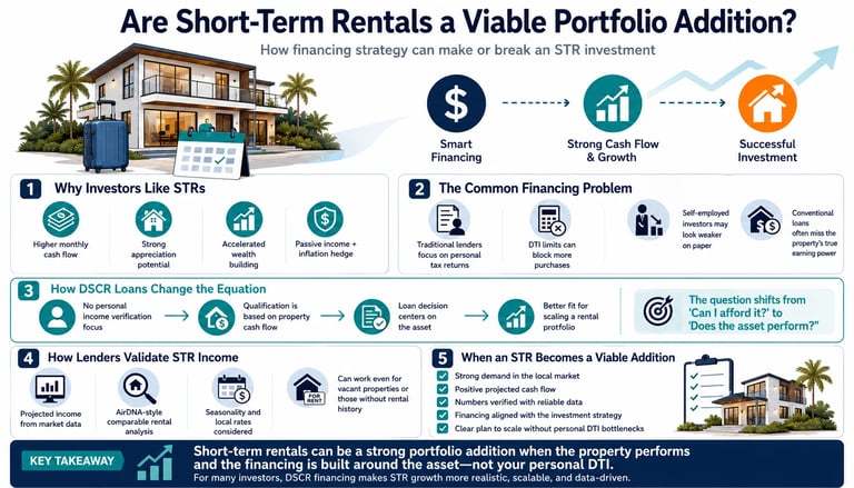 Infographic explaining short-term rental investment strategies, DSCR loans, and financing for real estate portfolios.