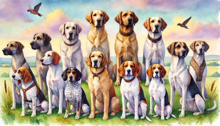 Watercolor painting of various hunting dogs facing the viewer in a grassy outdoor setting.