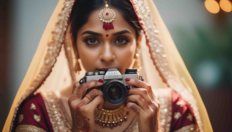 a woman in a red and gold outfit taking a photo of herself