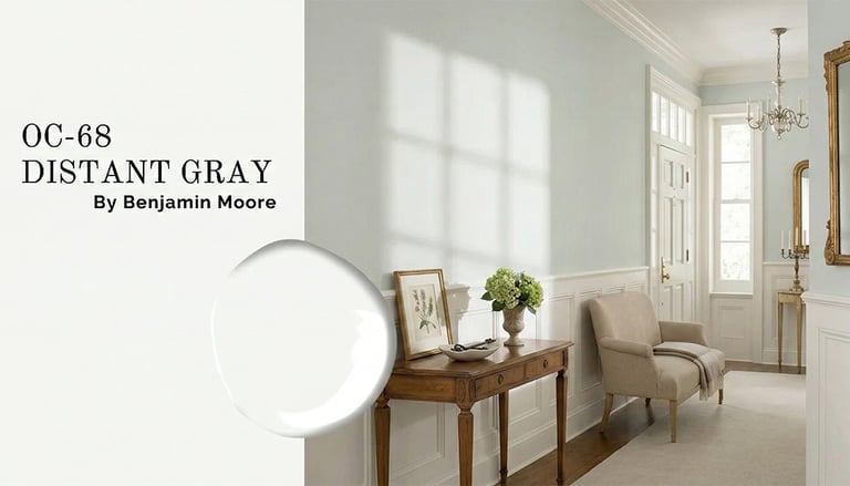 Benjamin Moore Distant Gray OC-68 paint color on hallway walls with white wainscoting and elegant decor.