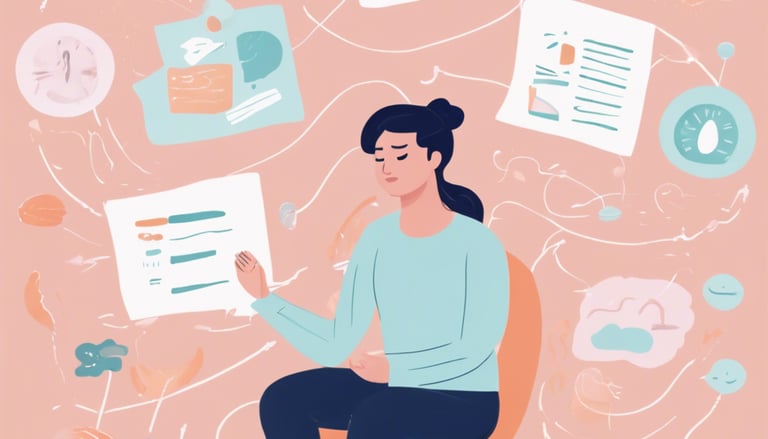 a woman sitting in a chair with a lot of paperwork