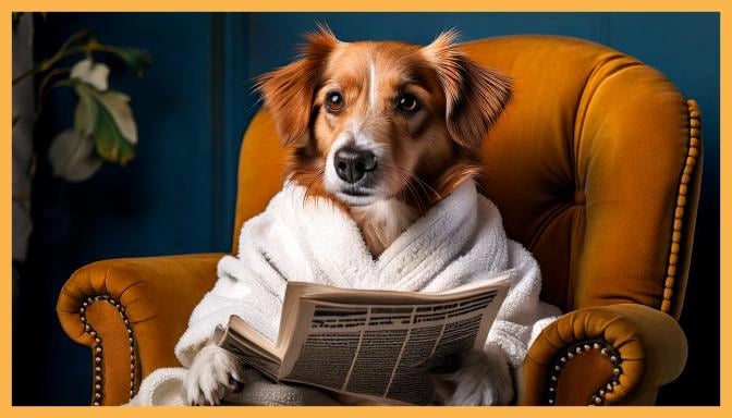 Hund im weissen Bademantel sitzt auf einem eleganten gelben Sessel und liest eine Zeitung in Zimmer