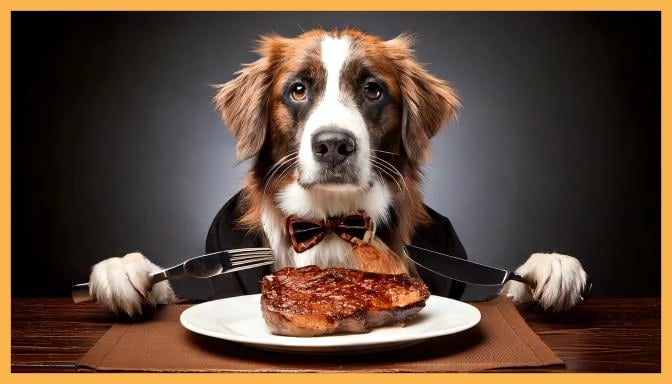 elegant gekleideter Hund sitzt am Tisch und isst Steak vom Teller mit Besteck