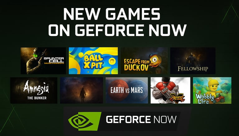 “GeForce NOW October 2025 update banner showcasing new games like Splinter Cell, Ball X Pit, and Amnesia: The Bunker with Nvi