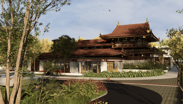 Architectural Design of a Tibetan Monk's Residence with traditional style roofs and good landscapes