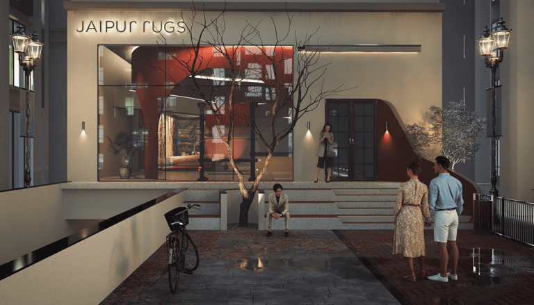A concept Idea of an Entrance to Jaipur Rugs' showroom, with a dried up tree in front