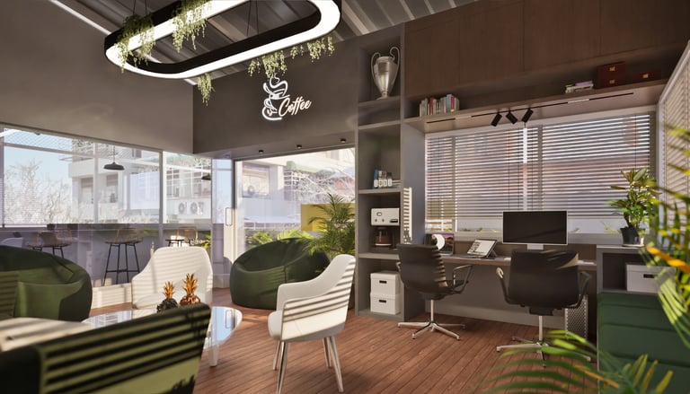 Interior Design of an Office, with cozy furniture, wide openings for natural light to enter