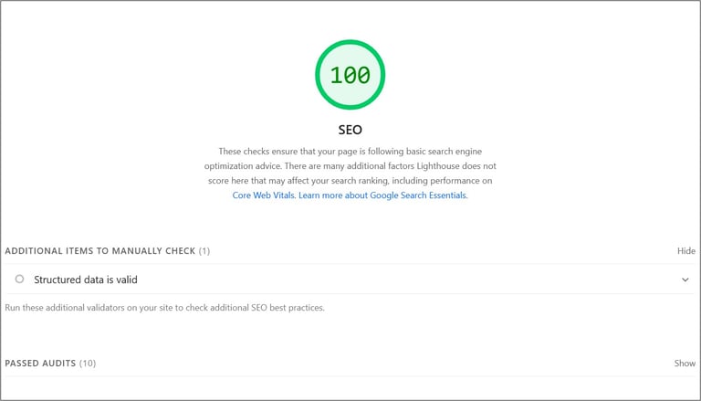 Screenshot of Google PageSpeed Insights showing 1664 Training Solutions scores 100% on SEO
