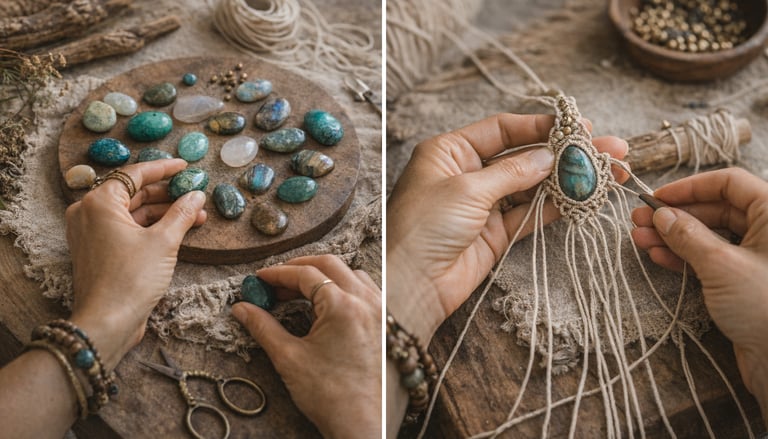 Manos artesanas tejiendo un collar de macramé artesanal con labradorita y fibras naturales.