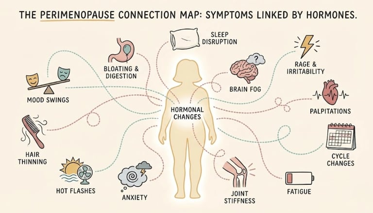 Illustrated connection map showing 12 early perimenopause symptoms linked to hormonal changes in the body