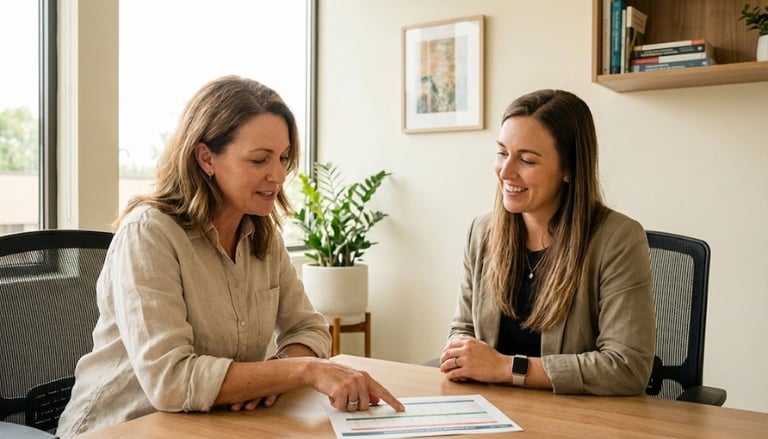 Woman in her 40s discussing perimenopause stages with her healthcare provider — advocating for clear answers about her stage