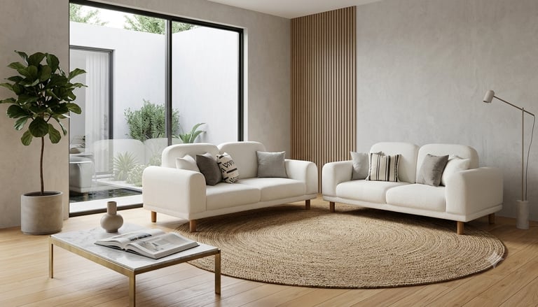Modern living room with white sofas, a round jute rug, and a marble coffee table in a minimalist style.