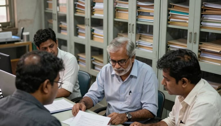 A professional team reviewing architectural plans and schedules in a modern office setting