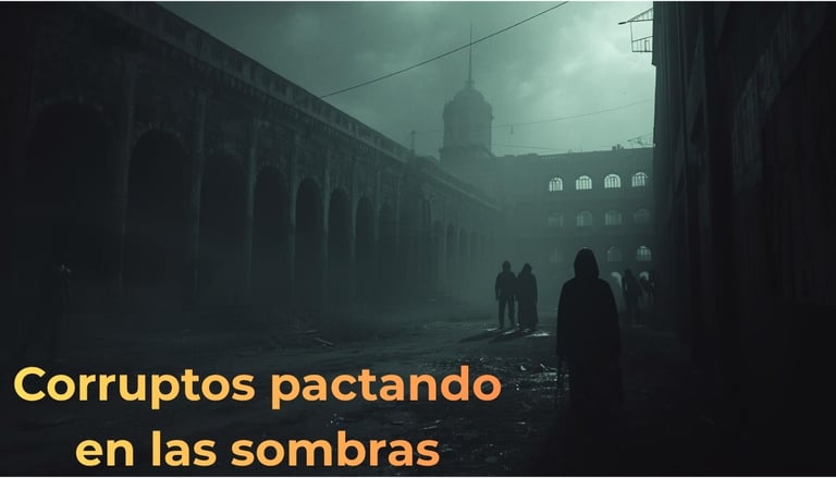 Dark cinematic scene of hooded figures in a foggy alley with Corruptos pactando en las sombras text.