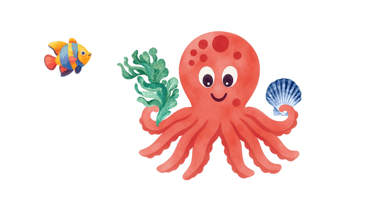 Octavio octopus is happy. A fish is nearby, he holds seaweed in one hand and a seashell in the other