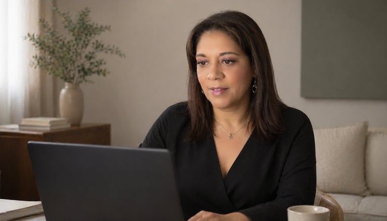 Professional woman working on a laptop in a modern home office setting.