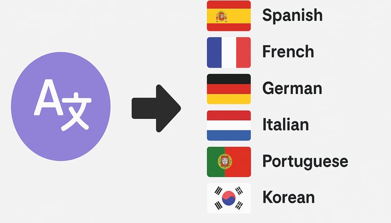 A graphic illustrating the translation feature, showing flags or different language names