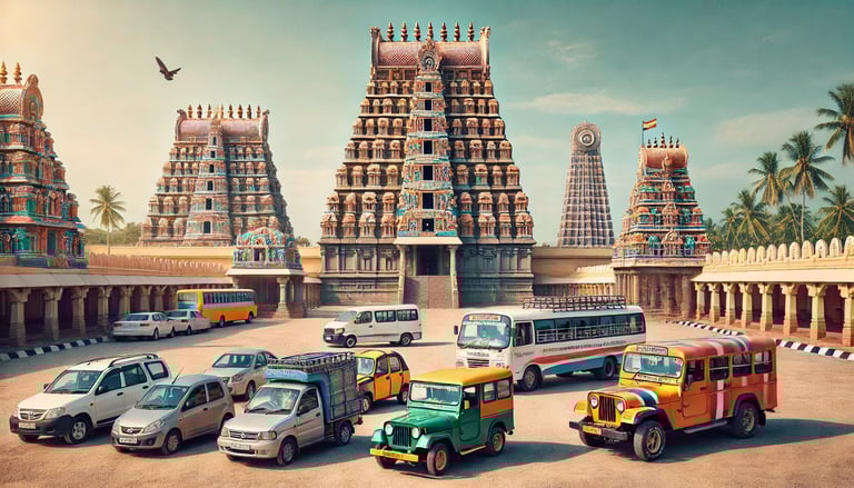some vechicles including car, van , jeep are parked in front of a temple
