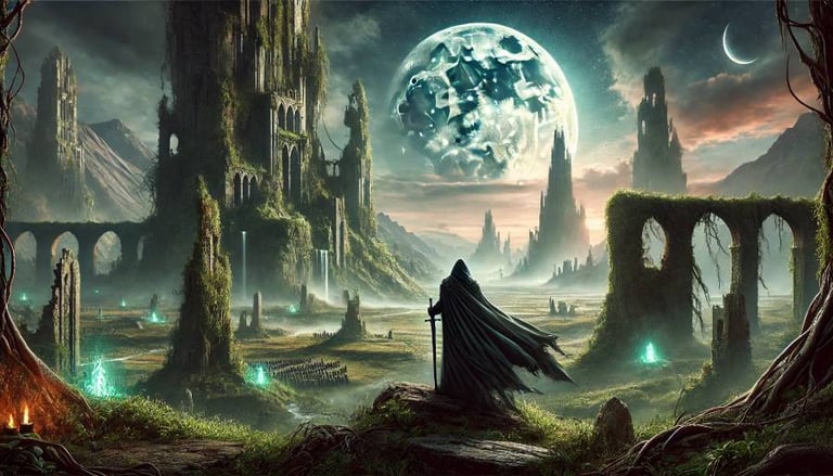 Un sorcier malazéen traverse une garenne abandonnée et chemine dans les jardins de la lune