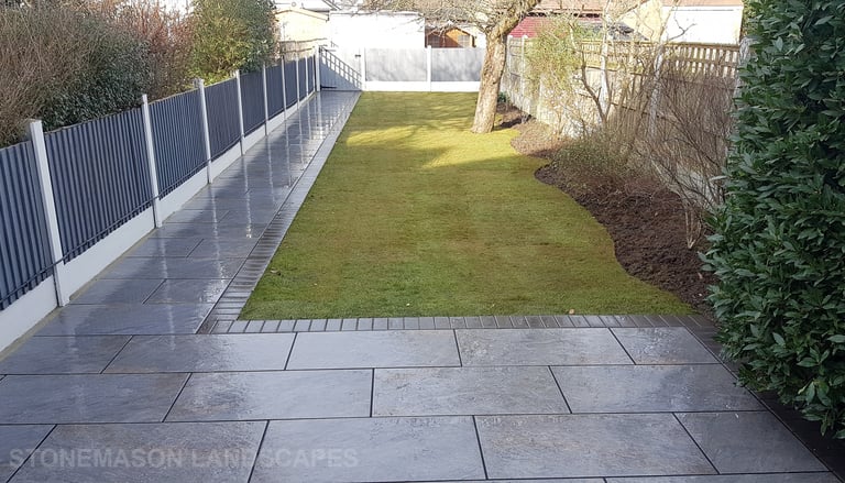 Grey Fence, Porcelain Patio With Charcoal Edging Blocks, Fence  & Gate Install With New Lawn