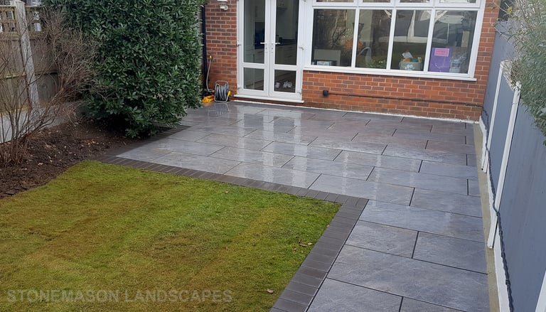Grey Fence, Porcelain Patio With Charcoal Edging Blocks, Fence  & Gate Install With New Lawn