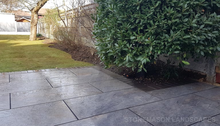 Grey Fence, Porcelain Patio With Charcoal Edging Blocks, Fence  & Gate Install With New Lawn