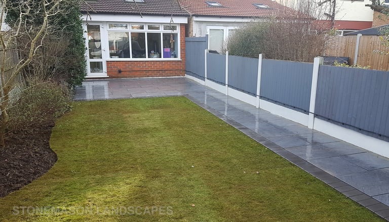 Grey Fence, Porcelain Patio With Charcoal Edging Blocks, Fence  & Gate Install With New Lawn