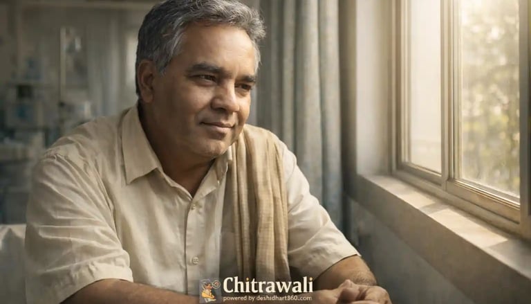 Middle-aged Indian man sitting by a hospital window with soft sunlight, thoughtful expression, subtle medical setting.