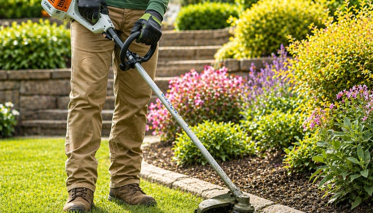 A landscaper uses a Stihl string trimmer to edge a lush green lawn near a flower bed.