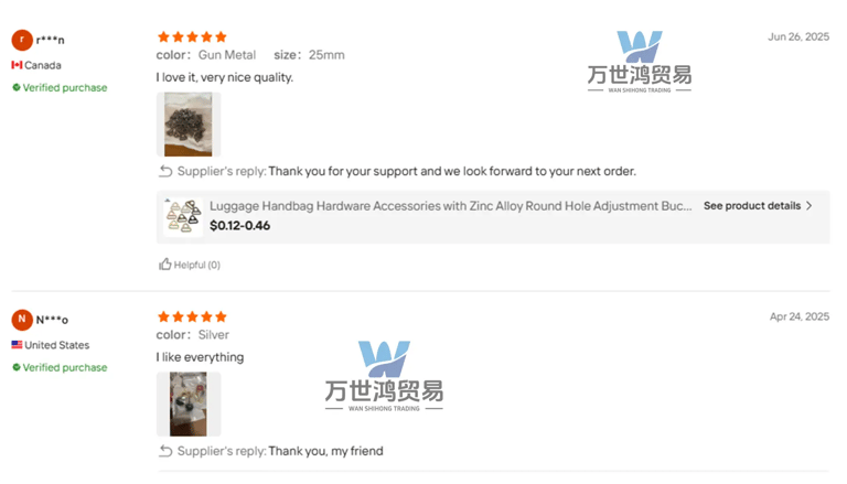 Customer reviews for zinc alloy handbag hardware accessories with five-star ratings and product photos.