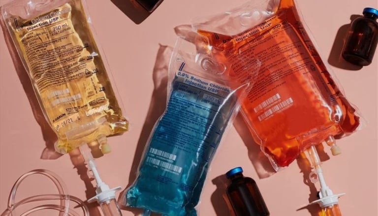 Three IV therapy bags containing blends of vitamins, minerals and amino acids