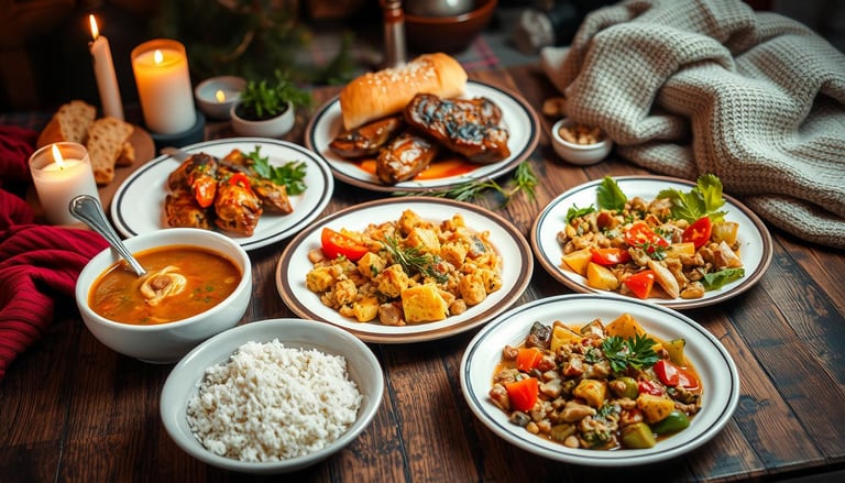 a table with plates of food and candles