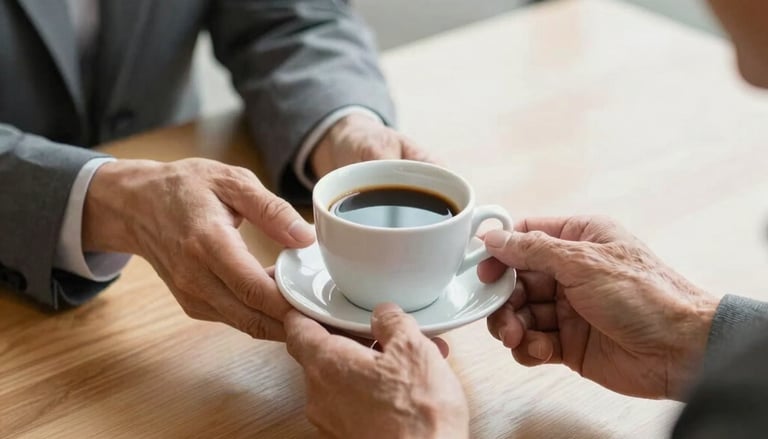 Close-up of a friendly consultant's hands offering a warm cup of coffee to an older client over a clean wooden table. Soft natural light, focus on the welcoming gesture, professional and caring atmosphere.