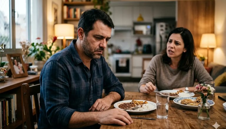 Casal estressado discutindo durante o jantar em casa, evidenciando conflitos e falhas na comunicação