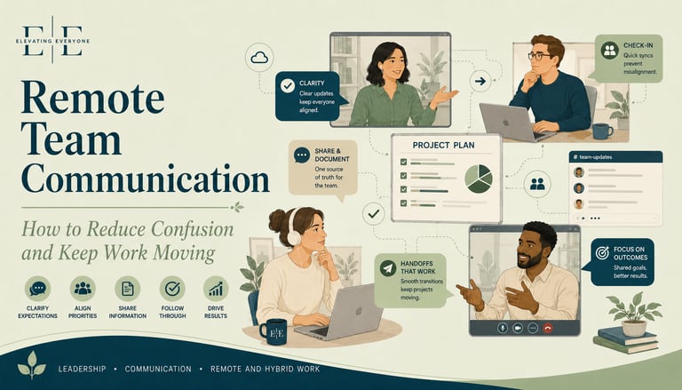 An infographic illustrating remote team communication strategies for efficient hybrid work management.