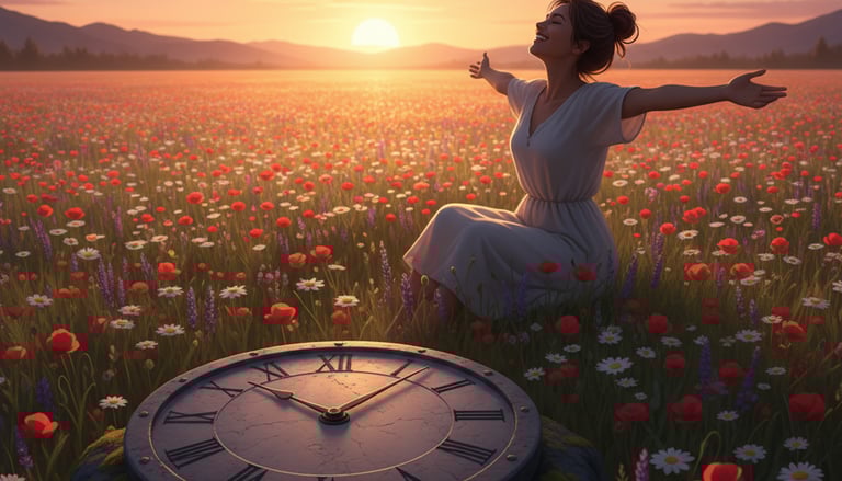 a woman sitting in a field with a clock and a clock