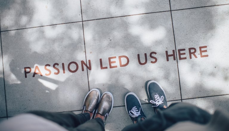 a person standing on a tile floor with a sign that says passion led us here
