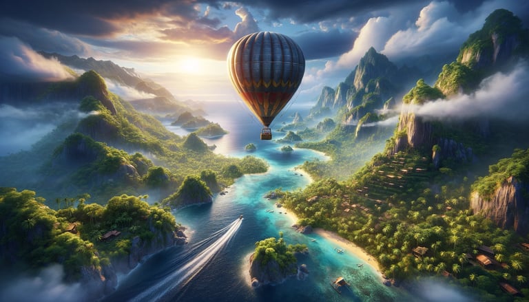 Montgolfière qui survole un paysage paradisiaque.