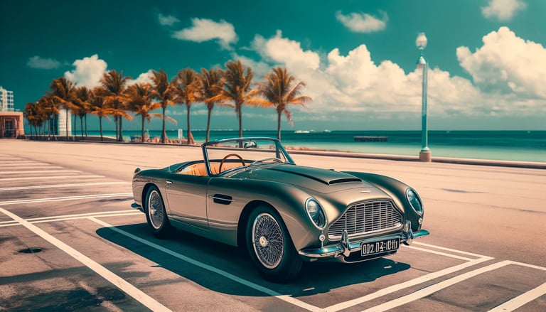 Aston Martin à l'ancienne garée sur un parking en bord de plage